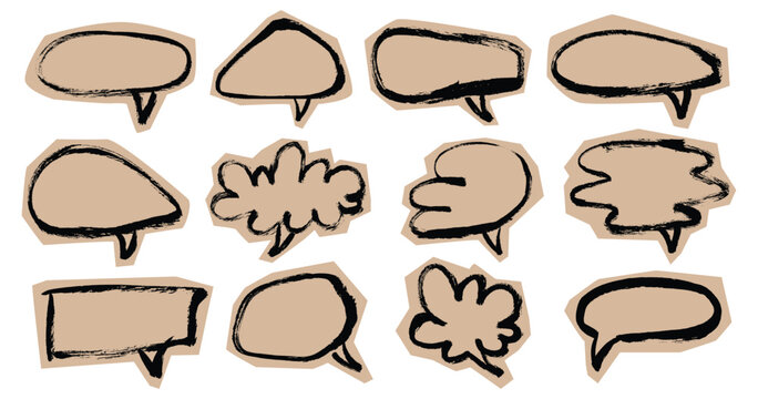 Grunge Outline Scrapbook Collage Speech Bubbles Set. Doodle brush stroke sticker collage chat boxes. Chalk texture communication balloons stickers vector set. Paper cut sketch collage for retro