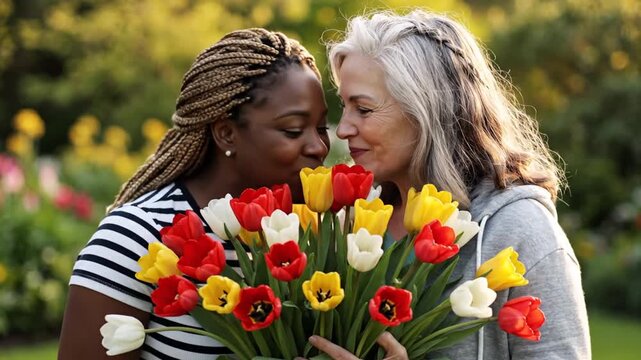 Diverse women smiling and holding colorful tulip bouquet outdoors