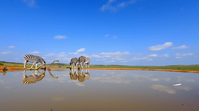 Low angle view of zebra herd drinking at calm waterhole with clear reflections