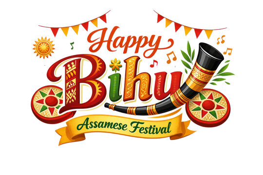 Happy Bihu Assamese Festival greeting, traditional folk music instruments with Pepa horn and Japi hats, vibrant cultural celebration illustration isolated PNG with Transparent Background