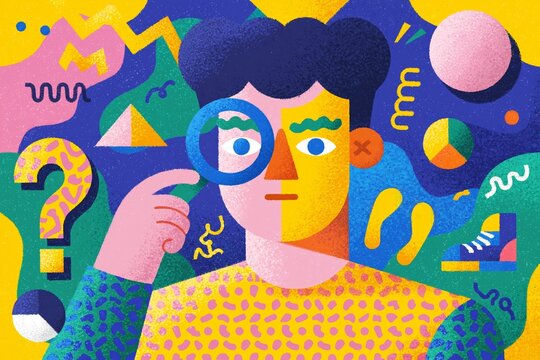 Stylized Illustration of Person with Magnifying Glass, Surrounded by Abstract Patterns and Colorful Elements