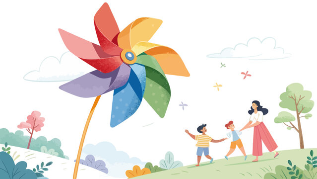 A colorful illustration of a family enjoying a day outdoors with a large pinwheel