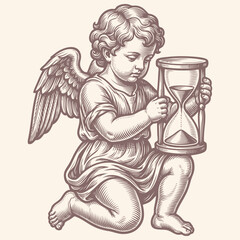 Fototapeta premium Kneeling angel or cherub holding an hourglass. A vector illustration in a classic engraving style, symbolizing the passage of time, life and mortality.