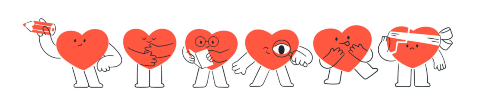 Cute heart characters set. Funny love mascots, romantic happy and sad upset emotions, valentine face expressions, with book, pencil, magnifier. Flat vector illustrations isolated on white background