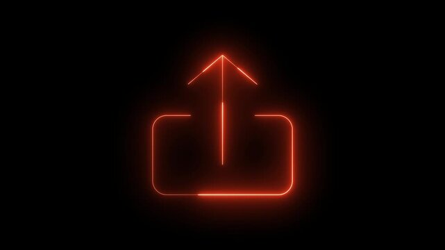 Glowing orange neon upload symbol animation with upward arrow on a black background, digital sharing, cloud computing, data transfer, or internet connectivity