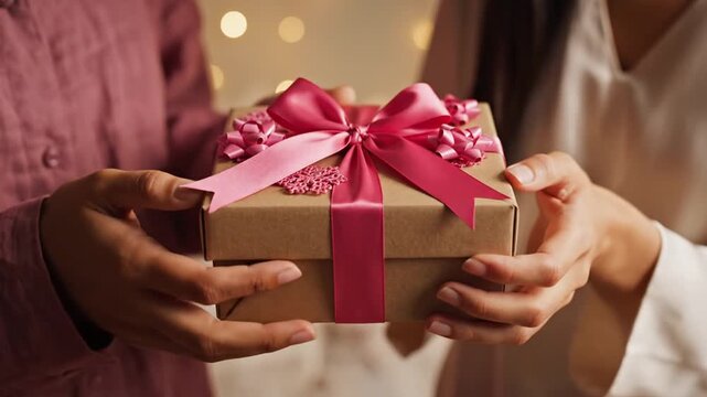 Hands exchanging wrapped present box against festive bokeh background