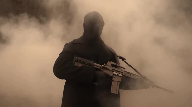 Tracking dolly slow shot of masked figure holding rifle emerging through thick smoke in industrial warehouse alley backlit silhouette tense atmosphere