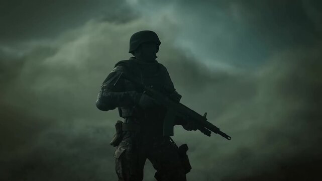 Tracking shot of soldier holding rifle turning slowly in foggy battlefield with clouds and silhouette at dawn