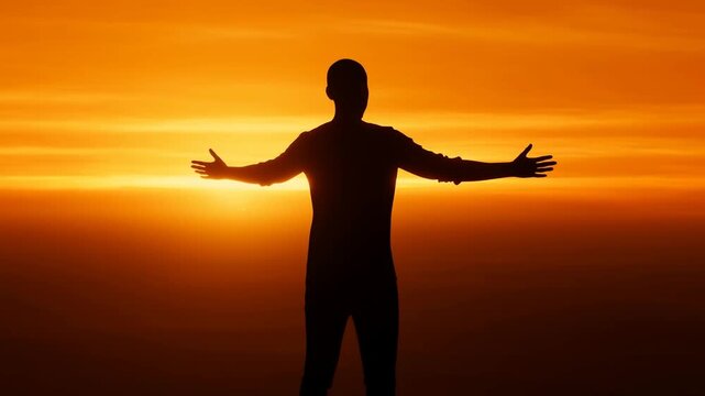 Static shot of silhouetted person extending arms toward sunrise over expansive horizon landscape at dawn