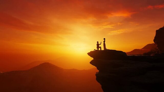 Tracking shot of couple proposal silhouetted on cliff edge during sunset with expansive canyon background and dramatic golden sky
