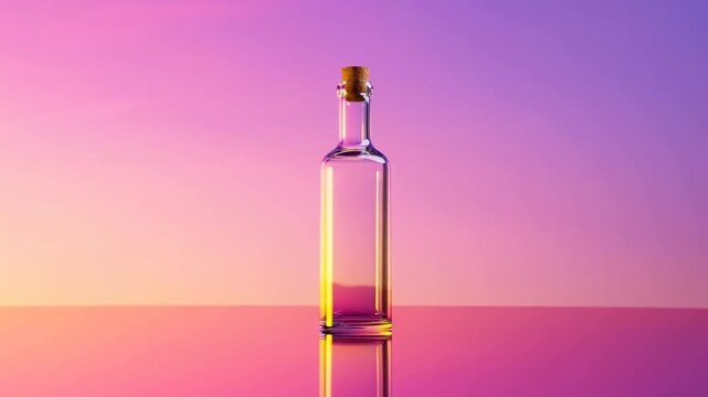 Panning shot of tall clear corked glass bottle sliding across reflective table with pastel gradient studio background and soft warm lighting