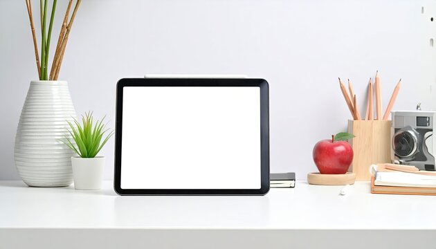 Modern Office Desk Setup with Digital Tablet Mockup Screen