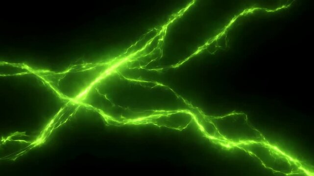 Slow motion abstract tracking of green electric lightning pulsing and flowing across dark neon digital energy field background in motion
