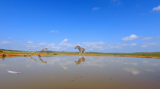 Lone zebra approaches a waterhole, reflecting in the still water, Africa