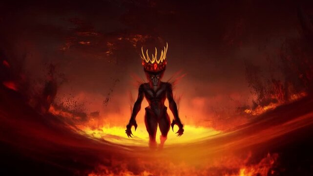 Tracking dolly forward shot of crowned demon emerging and walking through roaring lava pit in hellscape underworld with glowing flames and smoke