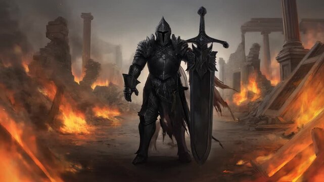Slow zoom in on armored knight standing and holding massive sword amid burning ancient temple ruins with columns and fire in apocalyptic battlefield