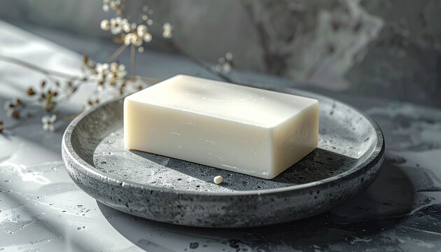 Elegant Soap Bar on Decorative Plate with Floral Accent.