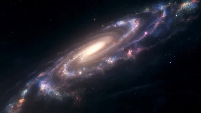 Slow tracking shot of spiral galaxy rotating with glowing star clusters across deep space nebula background