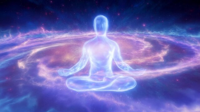 Slow tracking pan of translucent meditating figure levitating and radiating light above spiral galaxy nebula in deep cosmic space