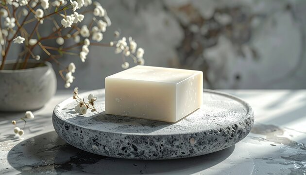 Elegant Soap Bar on Decorative Tray with Floral Accent.