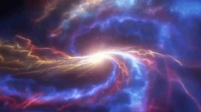 Tracking slow motion view of luminous nebula vortex spiraling into glowing core in deep outer space interstellar cloud with starry background