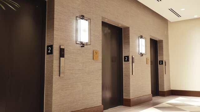 Symmetrical perspective of a luxury hotel elevator hallway featuring black and white tiled floors and minimalist wall sconces