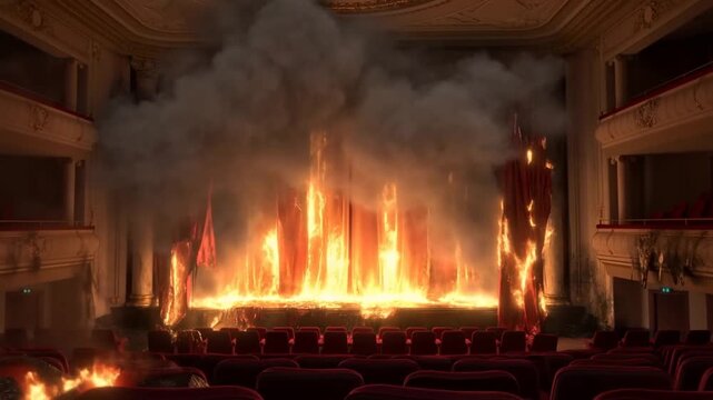 Static shot of theater stage engulfed in flames and smoke inside ornate auditorium with burning curtains and seats