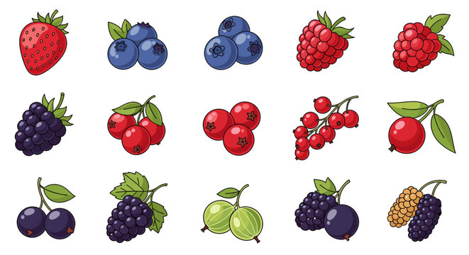 A vibrant collection of various fresh and colorful berries, including strawberries, blueberries, raspberries, and more, illustrated in a cartoon style.