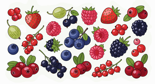 A vibrant collection of various hand-drawn berries including strawberries, blueberries, raspberries, and currants, perfect for food and nature themes.