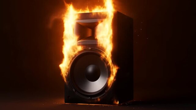 Static shot of speaker burning as flames engulf woofer and tweeter on black studio floor with glowing embers and sparks