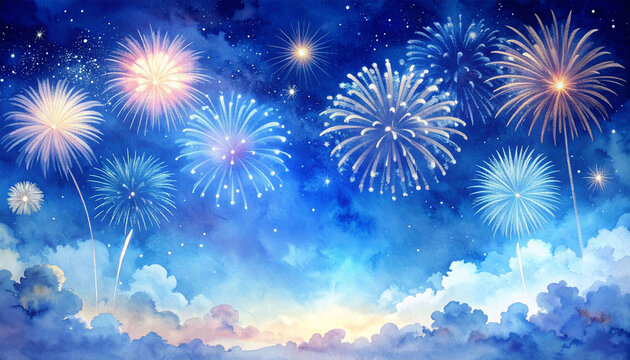 水彩画風の美しい打ち上げ花火が夜空いっぱいに広がる幻想的な背景イラストレーション　夏のイベントやお祭り、お祝い事の告知、WebバナーやSNS投稿、カードデザインなど多用途に活用できる華やかなグラフィック素材