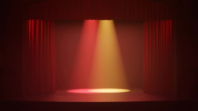 Panning shot of empty theater stage with red curtains and dual spotlights sweeping across wooden floor in dim auditorium