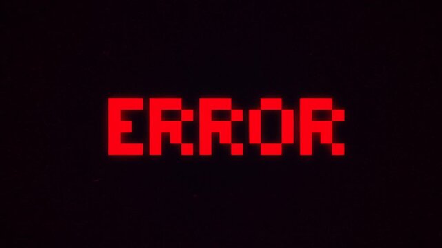 Static shot of glitching red error text flashing and jittering on black screen with digital distortion and pixelated typography in dark interface