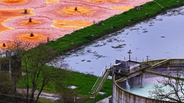 A wastewater treatment plant processes industrial effluent with vivid orange sedimentation ponds. Ideal for environmental documentaries or educational content on water management.