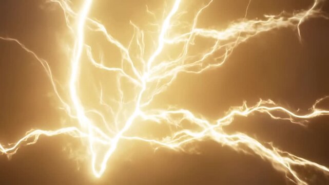 Slow motion tracking shot of lightning bolt branching and spreading across storm clouds in night sky with golden glowing electrical discharge and crackling current