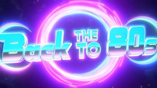 Zoom in on glowing neon back to 80s logo rotating and pulsing with luminous rings in cosmic space nebula background