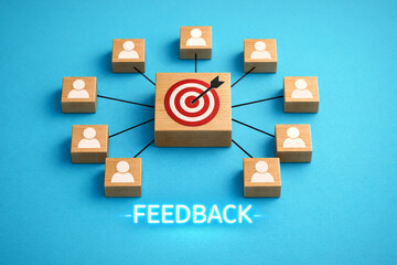 Fototapeta premium Conceptual feedback network showing central target with connected user icons, symbolizing customer insights, data collection, performance improvement, audience targeting, and communication strategy.