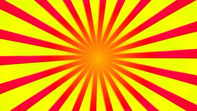 Zooming shot of radial sunburst pattern pulsing and rotating over yellow background with red rays pop art style seamless loop animation