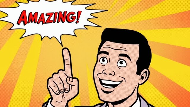 Static shot of comic pop art man pointing at speech bubble reading amazing on yellow sunburst backdrop retro advertisement style