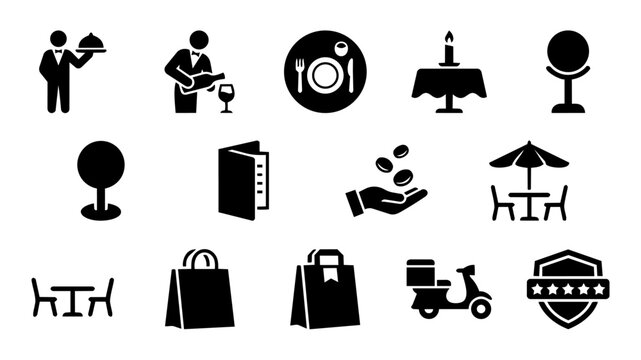 Restaurant Service and Dining Experience Silhouette Set &ndash; Hospitality and Food Service Icons