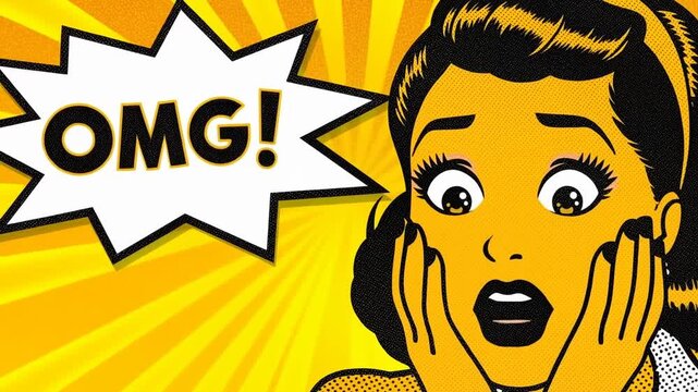 Panning shot of pop art woman gasping and holding face with hands beside omg speech bubble against bold halftone yellow radial background in retro comic panel