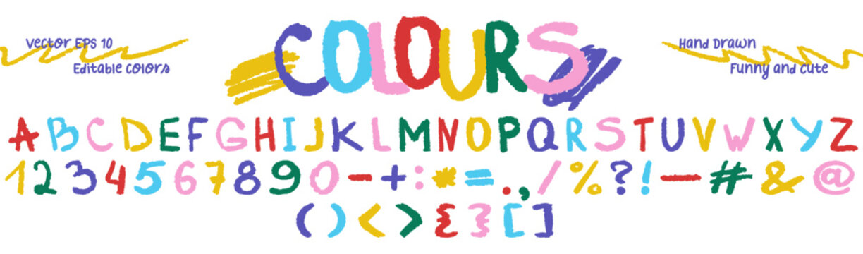 Funny colorful bold kids hand drawn font with soft crayon texture. Cute multicolored English alphabet vector illustration for children with handwritten letters, numbers and punctuation marks isolated