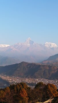 Vertical aerial view of Machhapuchhare fishtail peak and Annapurna range in Nepal