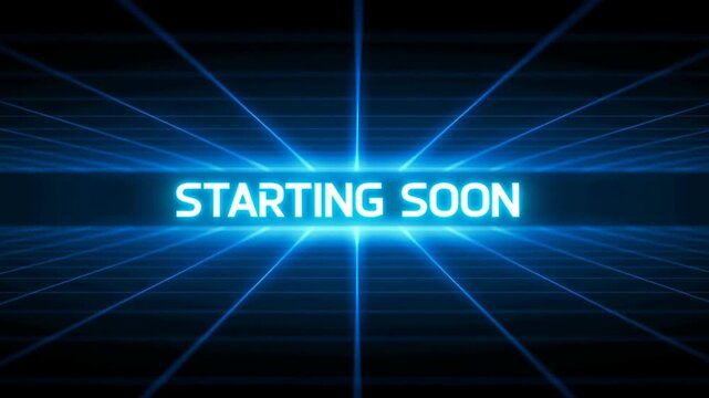 Tracking shot of glowing starting soon text emerging over neon grid in futuristic virtual studio environment