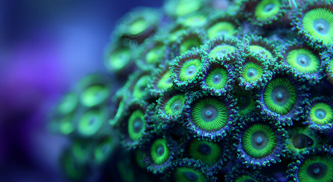 Vibrant Green Zoanthids Coral Colony Thriving in an Underwater Reef Environment.