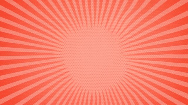 Slow zoom tracking shot of retro comic sunburst radial halftone pattern pulsing across red dotted background graphic studio backdrop