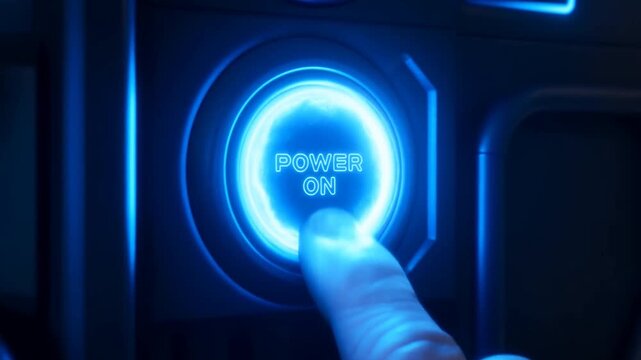 Close up tracking shot of finger pressing power button activating electronic control panel in futuristic cockpit console with blue glowing light