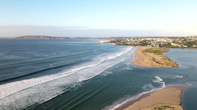 Sunrise drone view over Keurbooms River mouth and Lookout Beach, Plettenberg Bay