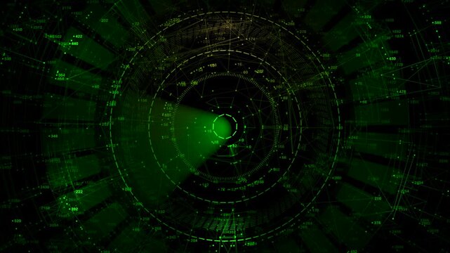High-tech green radar sonar scanning with concentric circles and digital markers. Best for science fiction films, cybersecurity promos, and advanced military tech presentations.
