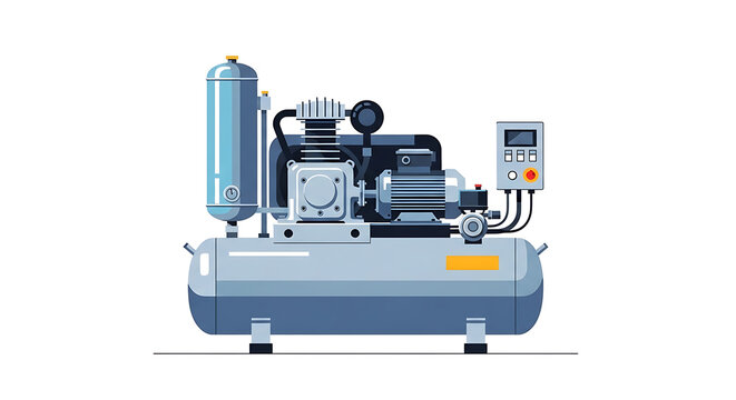 Industrial air compressor unit with pressure gauge and control panel, industrial equipment, machinery illustration